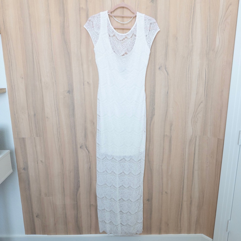 Bebe Womens Lace Maxi Dress Small White‎ Open Back Sheer Boho Romantic Coastal